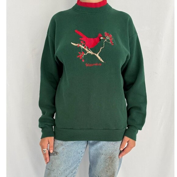 90s vintage green red christmas holiday cardinal bird graphic pullover sweater - Picture 1 of 9